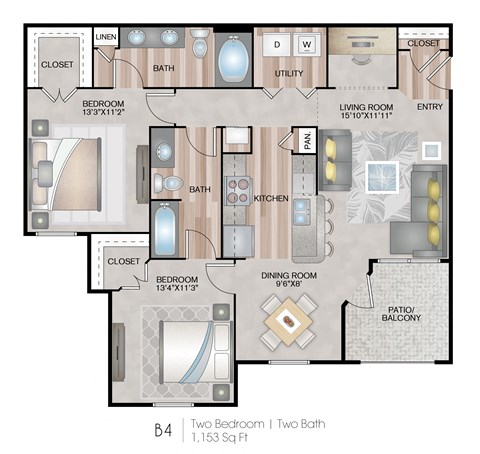 Floor plan for 2 beds, 2 baths, 1153 sqft